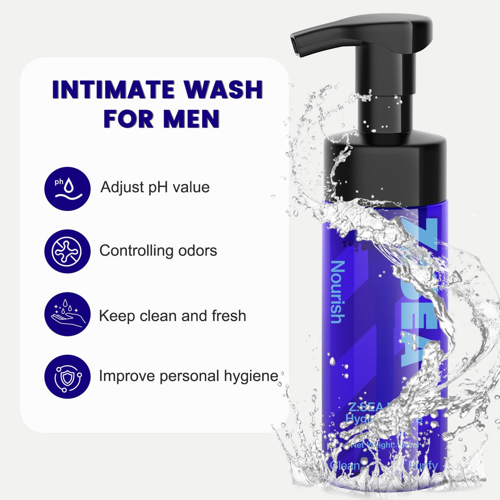 Z:SEA Men's Intimate Wash 5.29 Fl Oz, pH Balanced Foaming Wash, Soothing Refreshing Cleanser, Inhibits Odor & Reduces Itching, Daily Maintains Hygiene, Gentle Cleansing with Amino Acid & Menthol