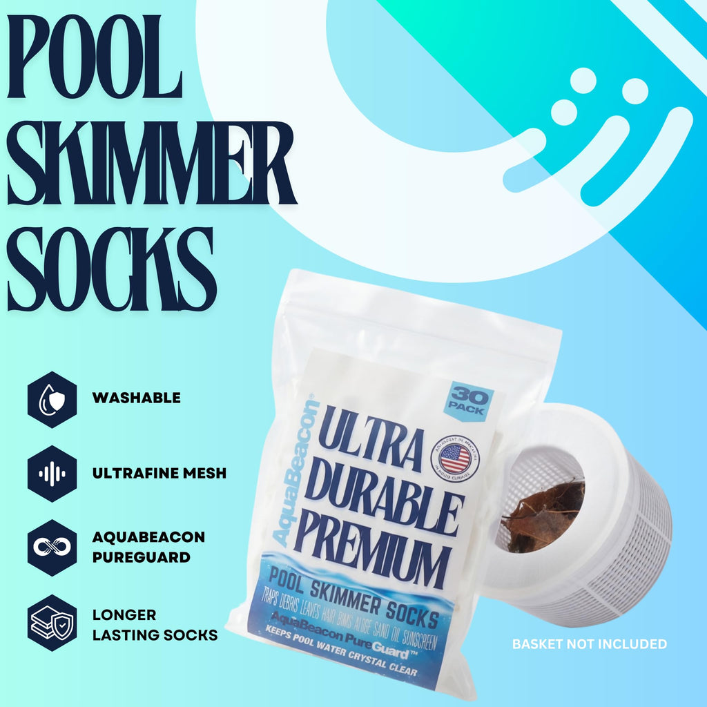 Aquabeacon® Premium 30-Pack Original Longer Lasting Pool Skimmer Socks with Aquabeacon PureGuard, Ultrafine Mesh Perfect Pool & Spa Savers for Filters, Baskets, and Skimmers