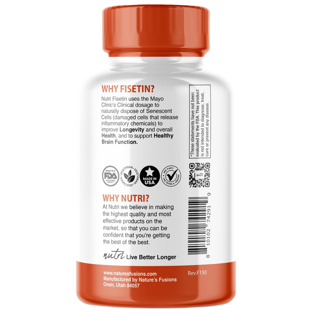 Nutri Fisetin 500mg 32 Count - Clinical Dosage - Fisetin Supplements - Powerful Senolytic Activator, Antioxidant, Heart Support - Natural Polyphenols - Capsules - 3rd Party Tested - GMP Certified