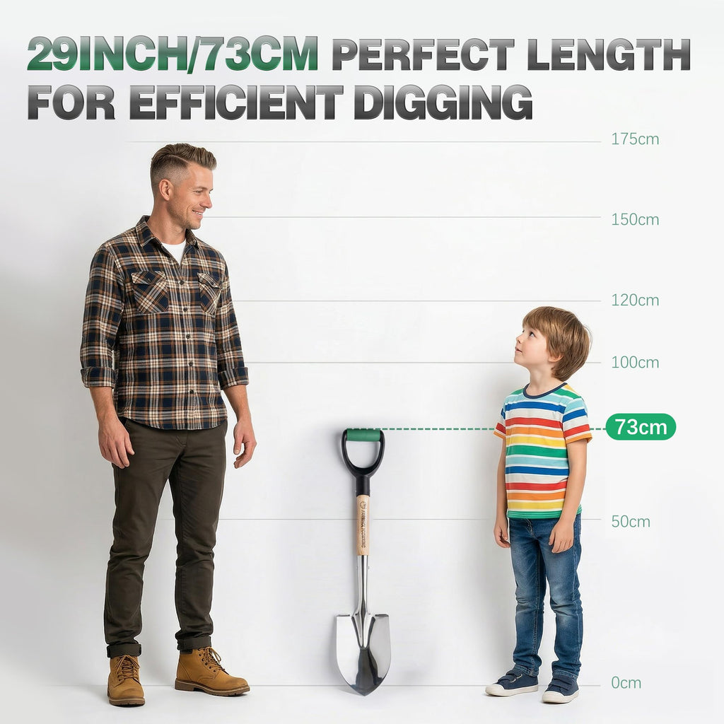 Garden Shovel for Digging, 29 Inch Small Shovel with Ergonomic D-Handle, Heavy Duty Stainless Steel Gardening Shovel for Planting and Yard Work, Compact Beach Shovels for Sand, Soil and Landscaping