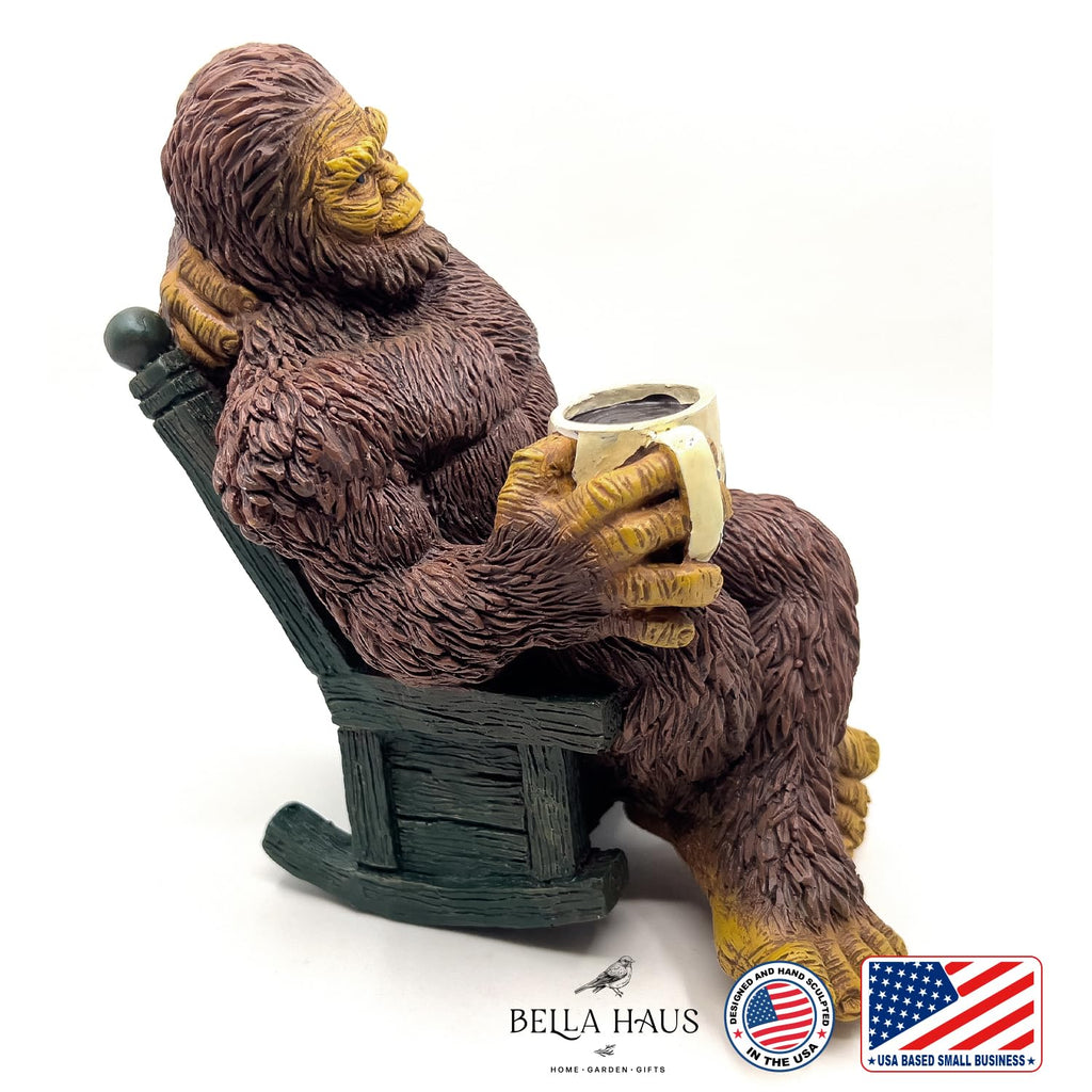 Bella Haus Bigfoot Garden Statue | Sasquatch Enjoying Morning Coffee | Whimsical Bigfoot Cabin Décor for Yard Patio Office or Home | Mythical Coffee-Loving Sasquatch Figurine | Hand-Painted Resin