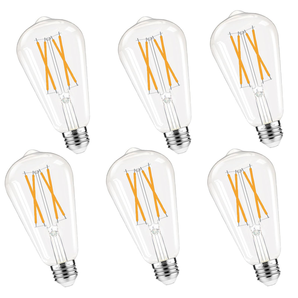 GvvooHome Dimmable Edison Bulbs, 2700K Warm White, 6W Equivalent to 60 watt E26 LED Bulb, ST58 Vintage Light Bulbs, 600LM, 90+ CRI, E26 Base, Clear Glass, 6 Pack