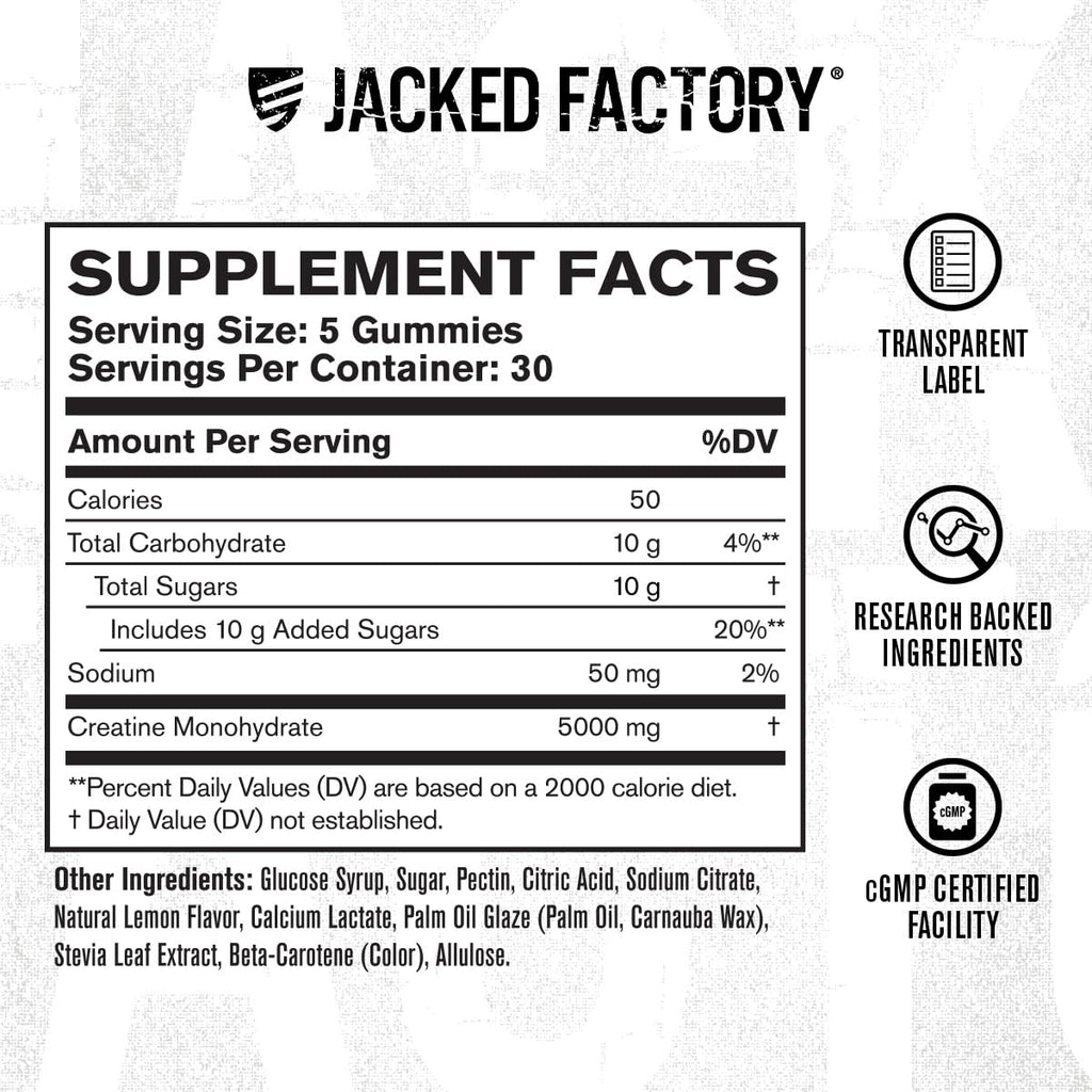 Jacked Factory Creatine Gummies 5g Daily Dose (1g per Gummy) - Creatine Gummy for Men and Women, Vegan-Friendly, Travel-Friendly, Third-Party Tested - 150 Gummies, Lemon