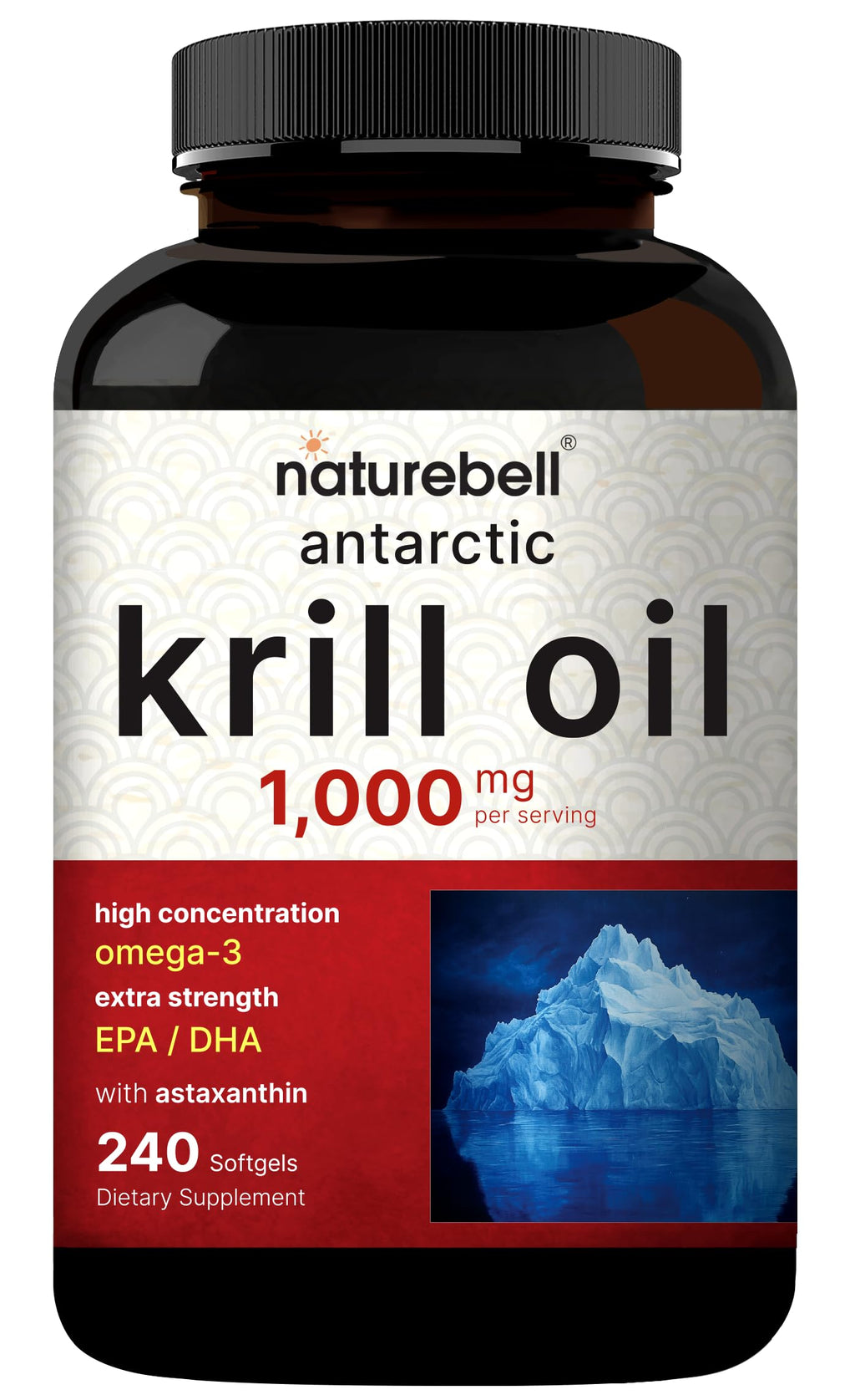 NatureBell Antarctic Krill Oil 1000mg Supplement, 240 Softgels, Natural Source of Omega-3s, EPA, DHA and Astaxanthin - No Aftertaste - Support Heart Health, Mercury Free & Non-GMO