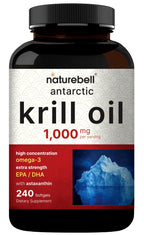 NatureBell Antarctic Krill Oil 1000mg Supplement, 240 Softgels, Natural Source of Omega-3s, EPA, DHA and Astaxanthin - No Aftertaste - Support Heart Health, Mercury Free & Non-GMO