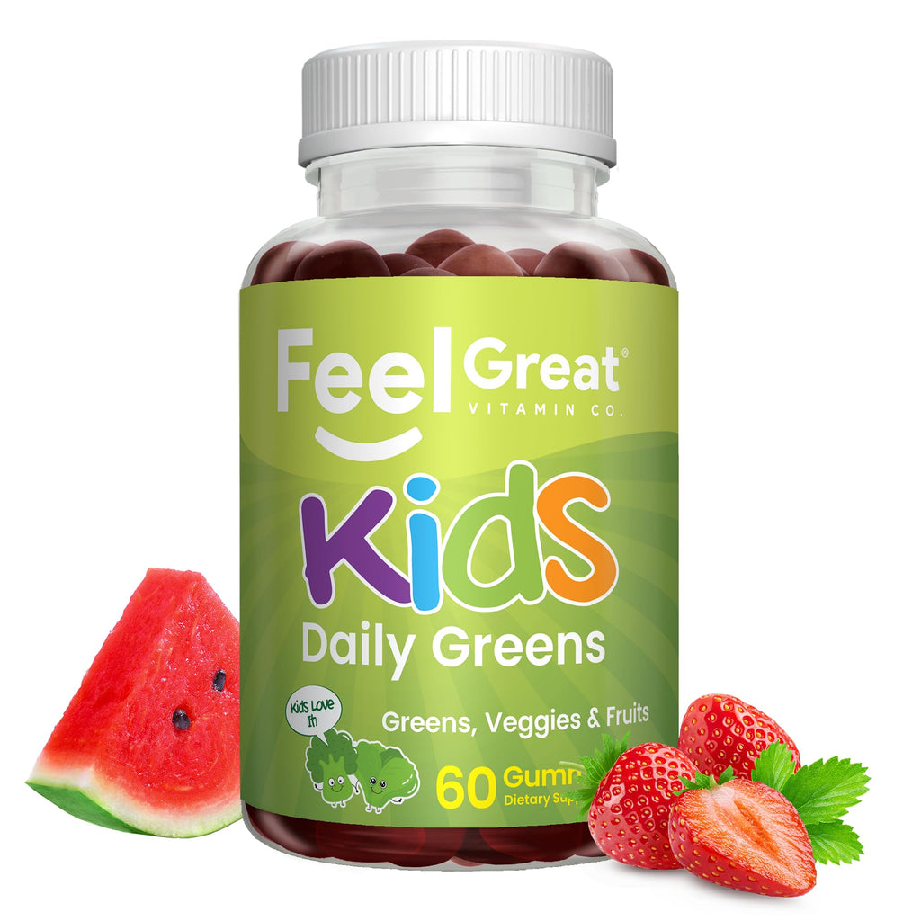 Feel Great Super Green Gummies for Kids | Fruit and Vegetable Gummies | Vegan Veggie Gummy Multivitamin for Kids | Veggie Fiber Supplement | 60 Count