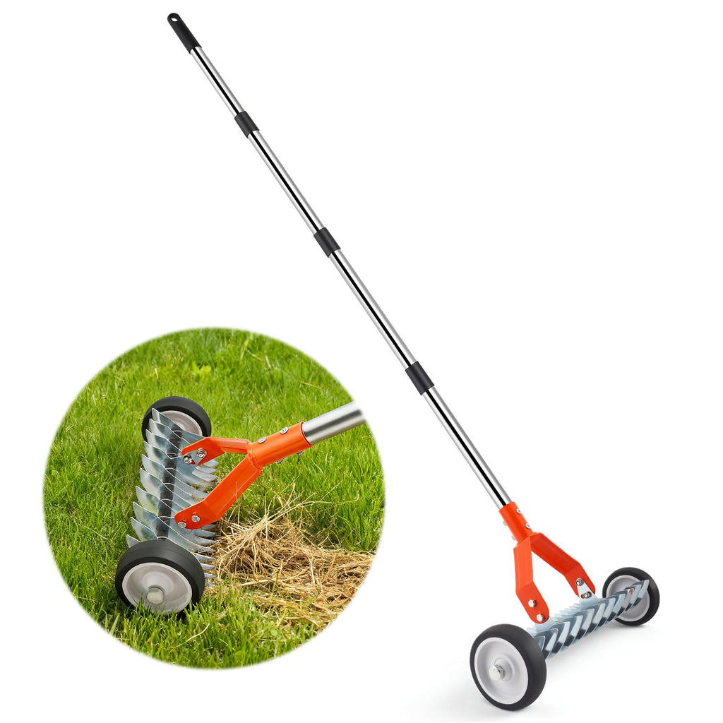 Thatch Rake with Wheels, 37-65.35'' Adjustable Dethatching Roller Rake Adjustable 0-12° Angle Stainless Steel Blades Heavy Duty Manual Dethatcher , Lawn Thatcher Rakes for Moss, Grass, Leaves, Debris