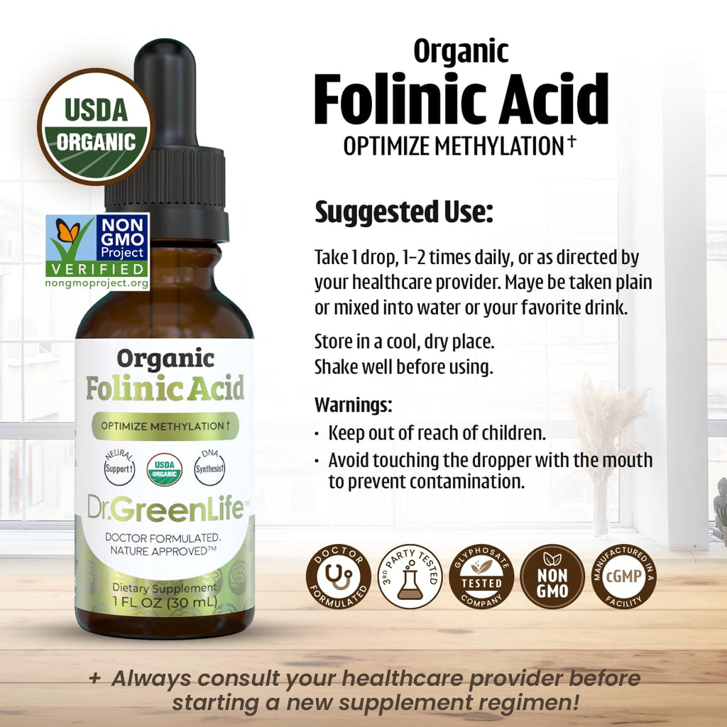 Dr. Green Life USDA Organic Folinic Acid Drops - 500 mcg per Drop | Methylation Support B9 Supplements for Kids & Adults | Supports Neurological Function, Nervous System Health & DNA Synthesis