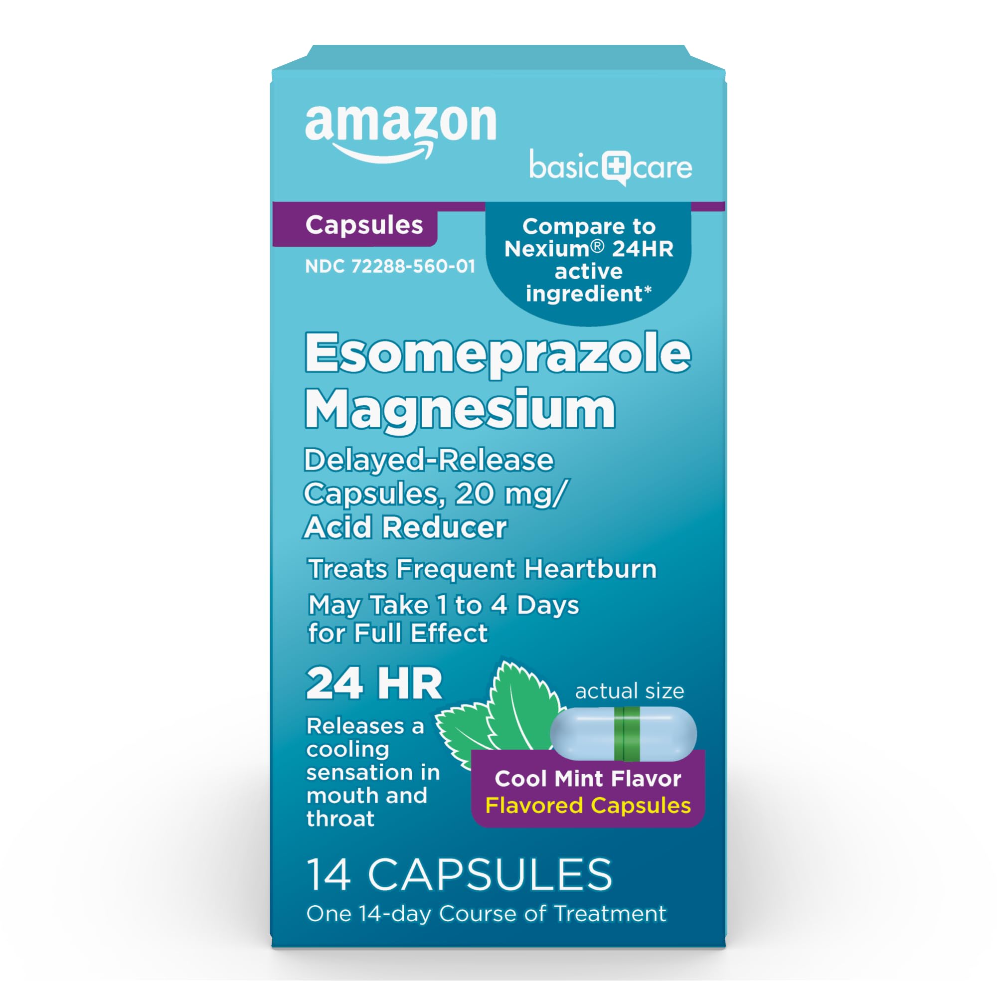 Amazon Basic Care Esomeprazole Magnesium Delayed-Release Capsules 20 mg, Acid Reducer, Treats Frequent Heartburn, Cool Mint Flavor, 24 Hour Heartburn Medicine, 14 Count