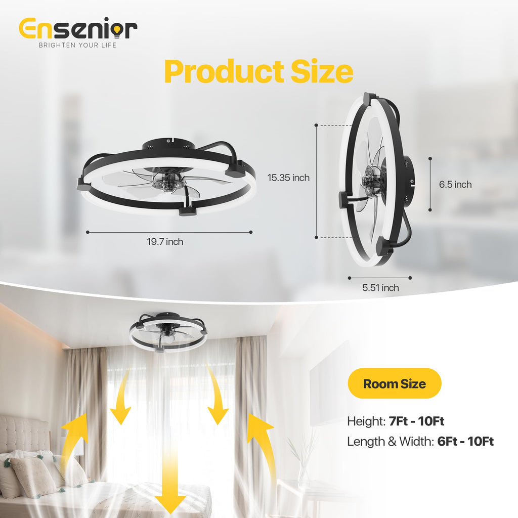 Ensenior 20 Inch Flush Mount Ceiling Fans with Lights, APP Control, Black