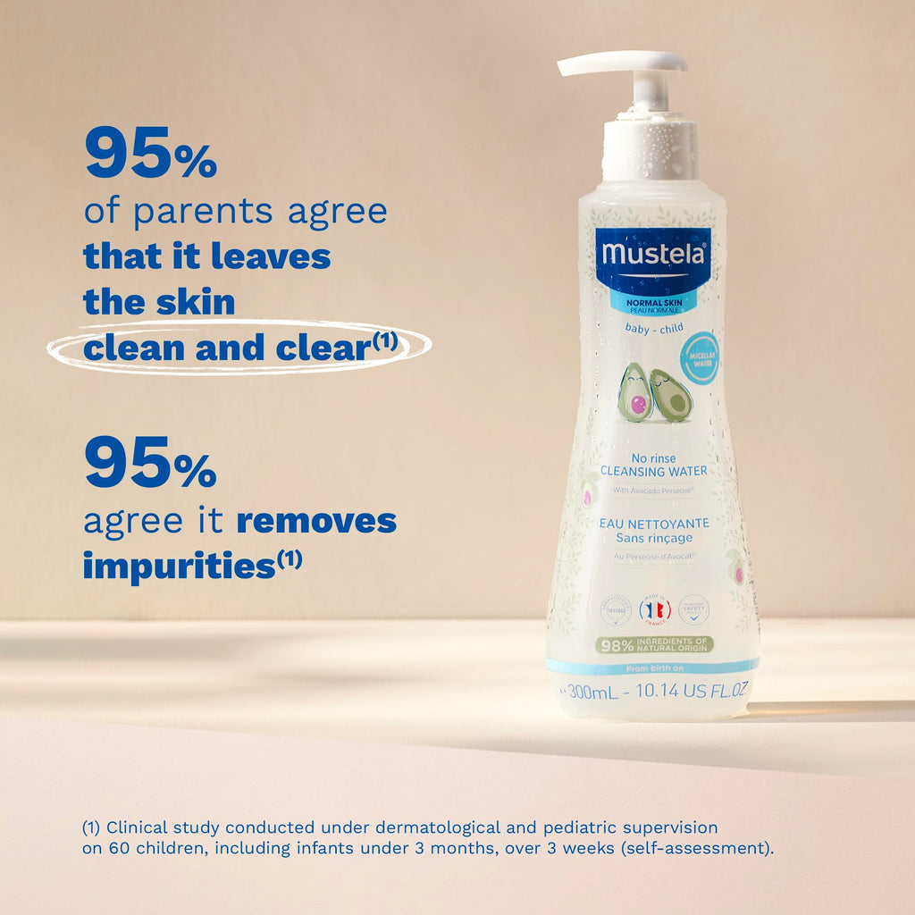 Mustela Baby Cleansing Water - No-Rinse Micellar Water - with Natural Avocado & Aloe Vera - for Baby's Face, Body & Diaper - Various Sizes - 10.14 fl. oz.