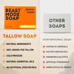 Beast Mode Soap for Men, Lemon Leaf, Single Bar – Natural Grass-Fed Tallow Bar Soap, Fresh Scent, Handcrafted, Non-Toxic