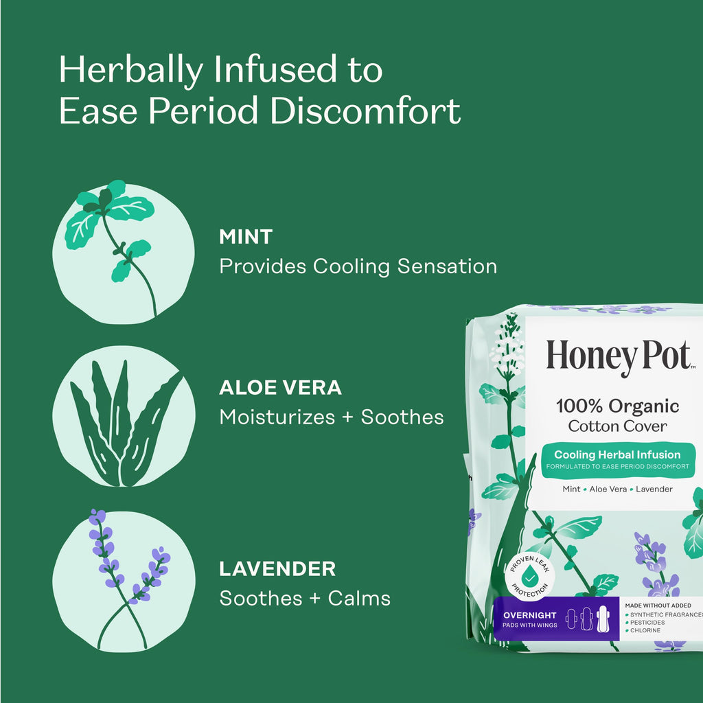 The Honey Pot Company - 48 ct - Herbal Pads for Women - Overnight w/Wings - Infused w/Essential Oils for Cooling Effect & Organic Cotton Cover - Feminine Care