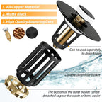 Anlige 3 in 1 Pop Up Bathroom Sink Stopper, Bathroom Sink Drain Strainer, with Removable Basket Hair Catcher, Universal Sink Plug Cover for 1.06 in to 1.6 in Drain, Matte Black