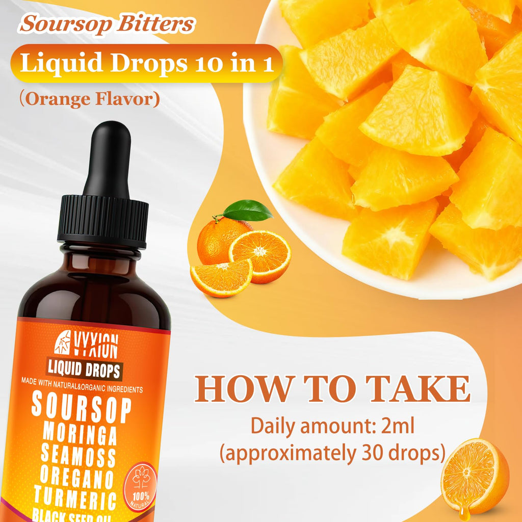 Soursop Bitters Liquid Drops 10 in 1 with Sea Moss, Moringa, Turmeric, Black Seed Oil, Oregano, Ashwagandha | Herbal Extracts for Overall Health-Enhancing | Vegan, Non-GMO | 2 Fl Oz (Orange Flavor)