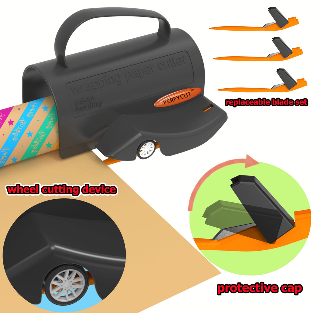 PERFYCUT Wrapping Paper Cutter with 3 Replaceable Blade Sets for Birthday Paper Gift Wrapping Paper Roll Cutter and Christmas Wrapping Paper Cutter Tool Tube Holder Slidding Slicing.