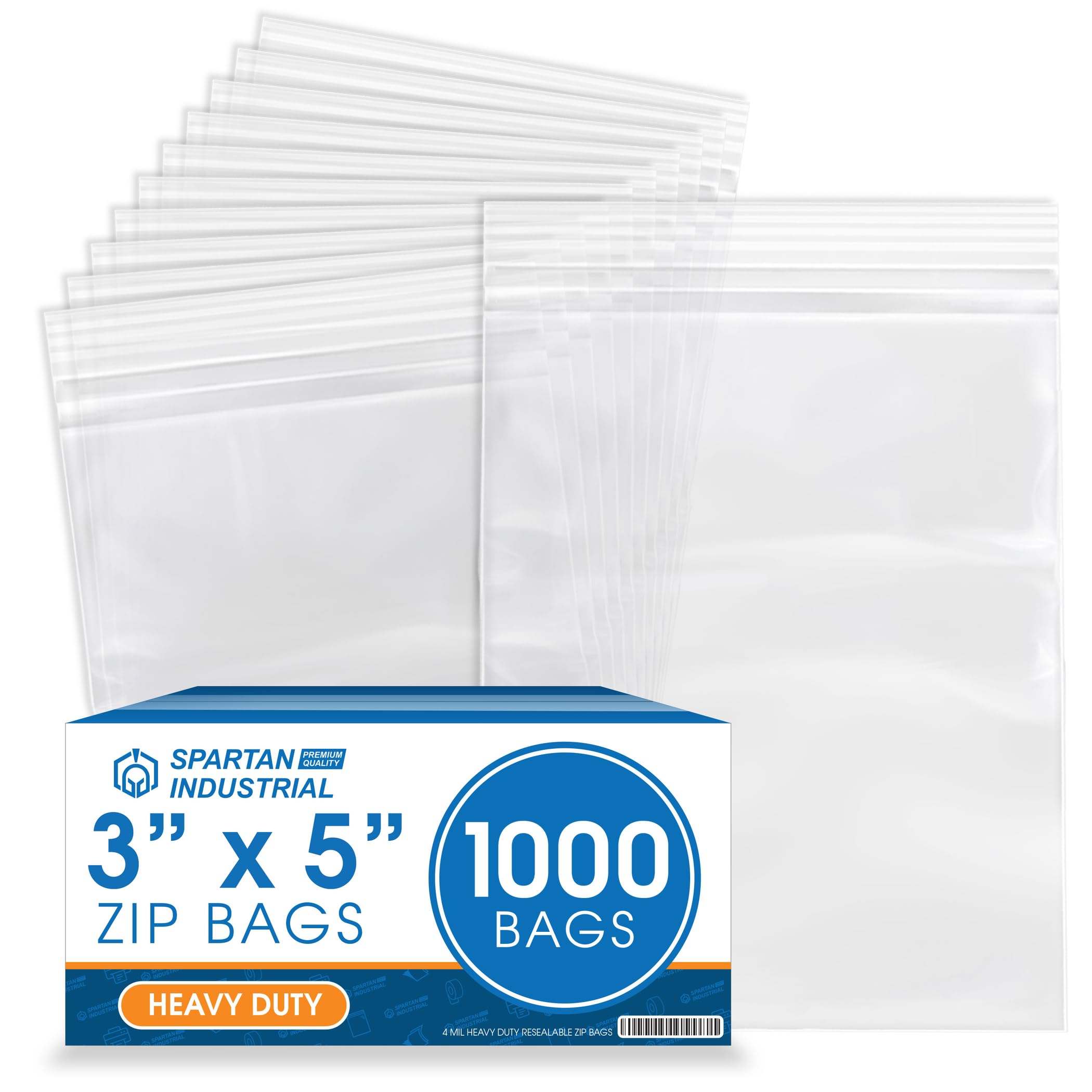 Spartan Industrial - 3” X 5” (1000 Count) 4 Mil Thick Clear Reclosable Zip Plastic Poly Bags with Resealable Lock Seal Zipper - Heavy Duty and Durable