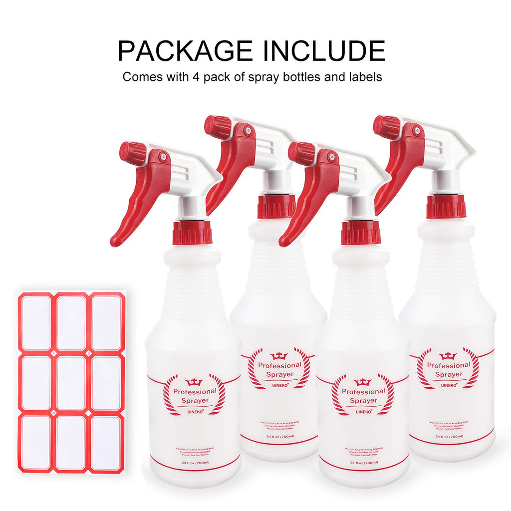 Uineko Empty Spray Bottles, Heavy Duty Sprayer, Mist & Stream, 4 Pack 24 Oz