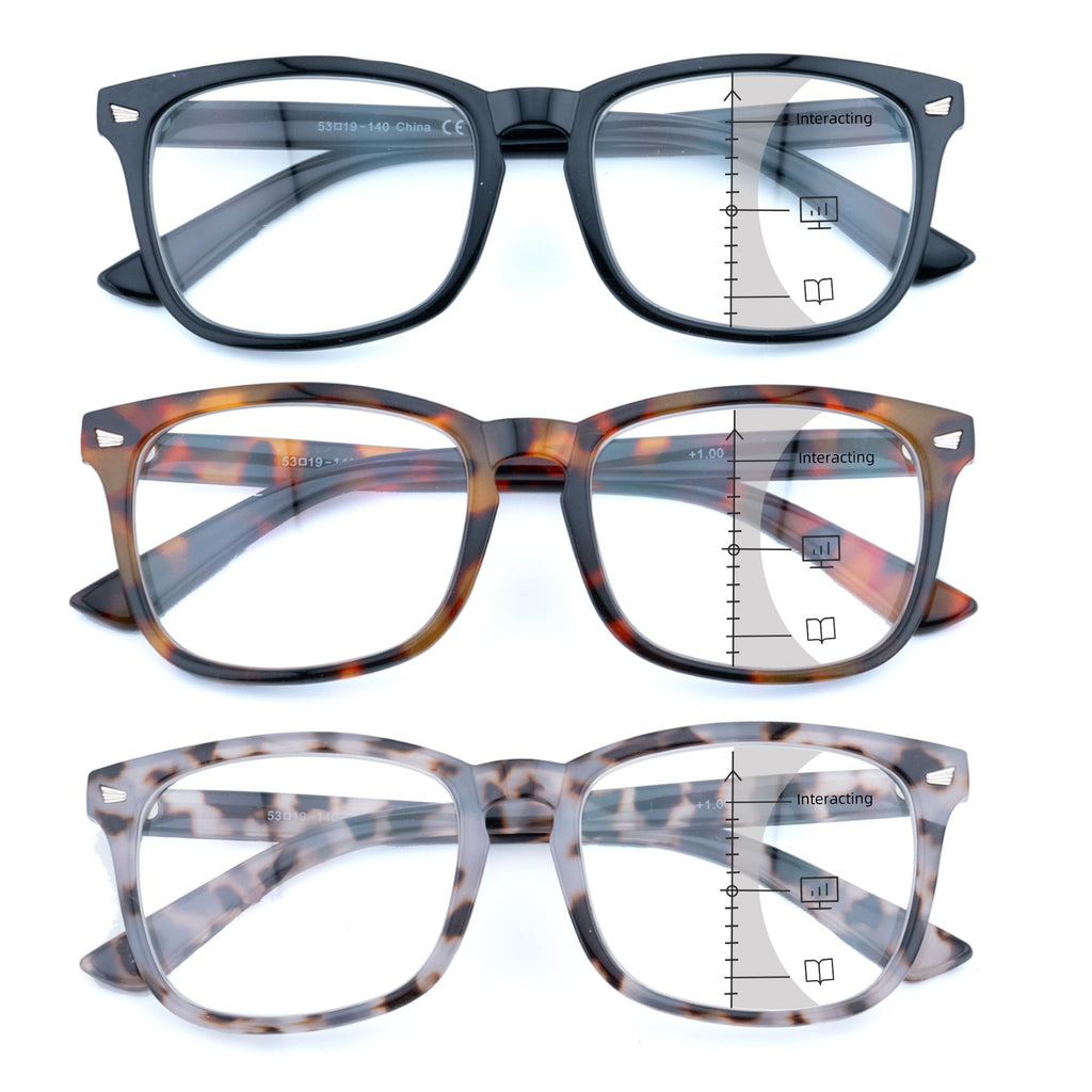 FEIVSN 3 Pack Progressive Multifocus Reading Glasses for Women Men Multifocal Readers PC Frame Fixed Hinge Eyewear, +1.50