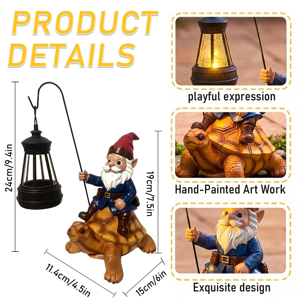Wlcbomuoe Garden Gnome Decoration, Funny Resin Solar Gnome Statue for Lawn Patio Yard Outdoor Decor, Turtle Riding Gnome Figurine with Lantern, Gift for Women and Men (Gnome-F)