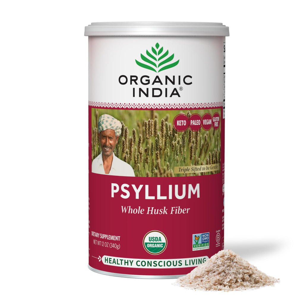 ORGANIC INDIA Psyllium Herbal Powder - Whole Husk Fiber, Healthy Elimination, Keto Friendly, Vegan, Gluten-Free, USDA Certified Organic, Non-GMO, Soluble & Insoluble Fiber - 12 oz Canister, 3 Pack
