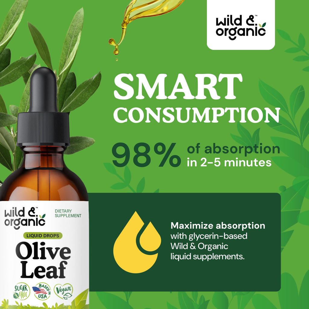 Wild & Organic Olive Leaf Extract Liquid Drops - Immune & Antioxidant Support - Oleuropein Olive Leaf Supplement - Add to Tea Tincture - Vegan, Sugar & Alcohol-Free - 2 fl oz