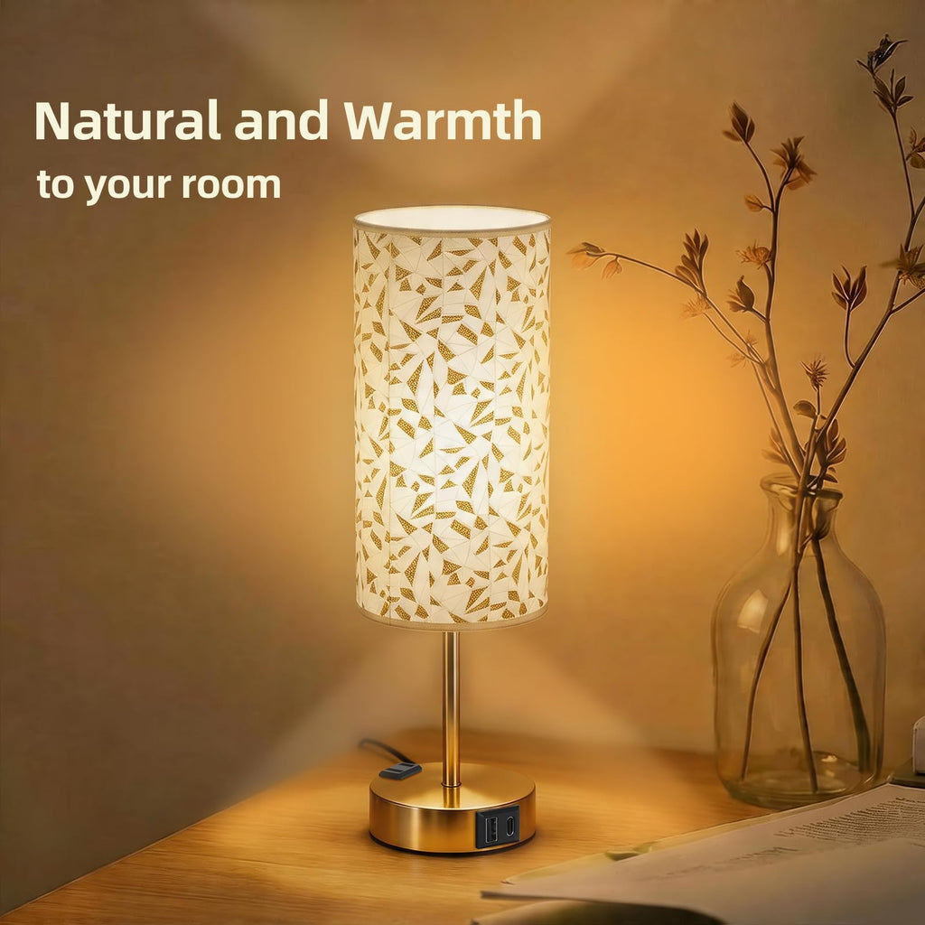 Fitfull Table Lamp for Nightstand, High-Sensitivity Touch, 3-Level Dimmable Bedside Lamp with AC Outlet | USB | and USB-C, Ideal Night Stand Lamp for Bedroom, Reading, Living Room(Triangle&Gold)