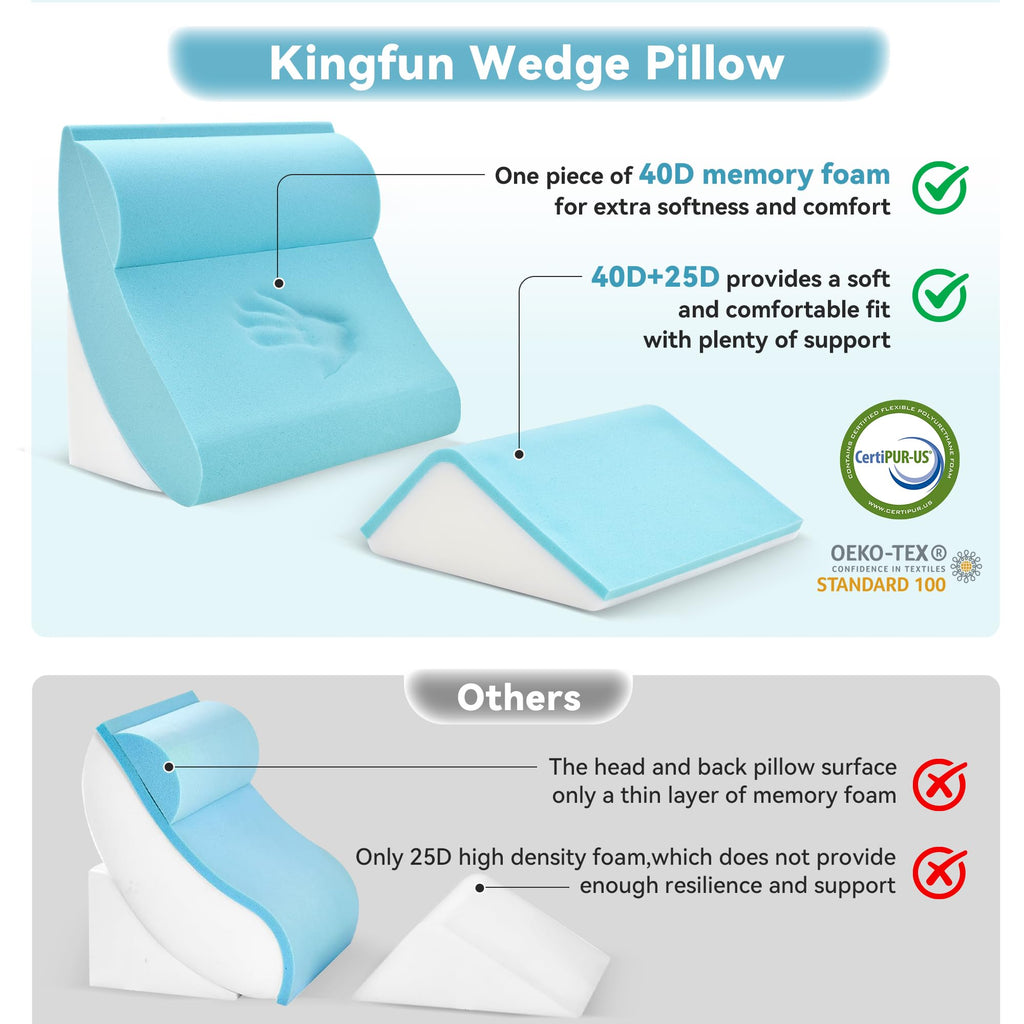 Kingfun 4PCS Orthopedic Bed Wedge Pillow Set for Sleeping, Post Surgery Memory Foam Support Pillows for Back, Neck and Leg Pain Relief, Adjustable Triangle Pillow - Acid Reflux, Anti Snoring & GERD