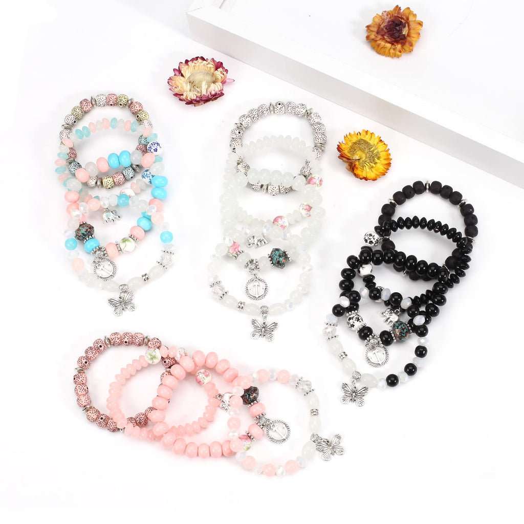 Twinfree Bohemian Bracelets Set for Women, Stackable Boho Stretch Multilayer Colorful Stack Beads Bracelet, Stretchy Beaded Charm Bracelet Ladies 8 Pack