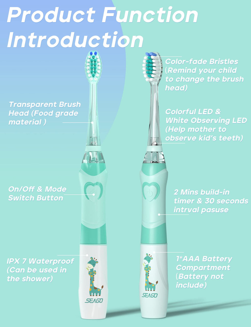 SEAGO Kids Electric Toothbrush with 2 Mins Brushing Timer and 4 Replacement Brush Heads, Rainbow LED Light Makes Brushing Fun, Boys Battery Powered Toothbrush for 4-12 Years Old，SG-977(Green)