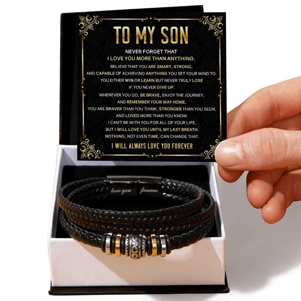 Mapileng To My Son Bracelet – Love You Forever Braided Leather Bracelet from Father and Mother, Meaningful Men’s Gift with Heartfelt Message & Elegant Box for Birthday, Graduation, Christmas