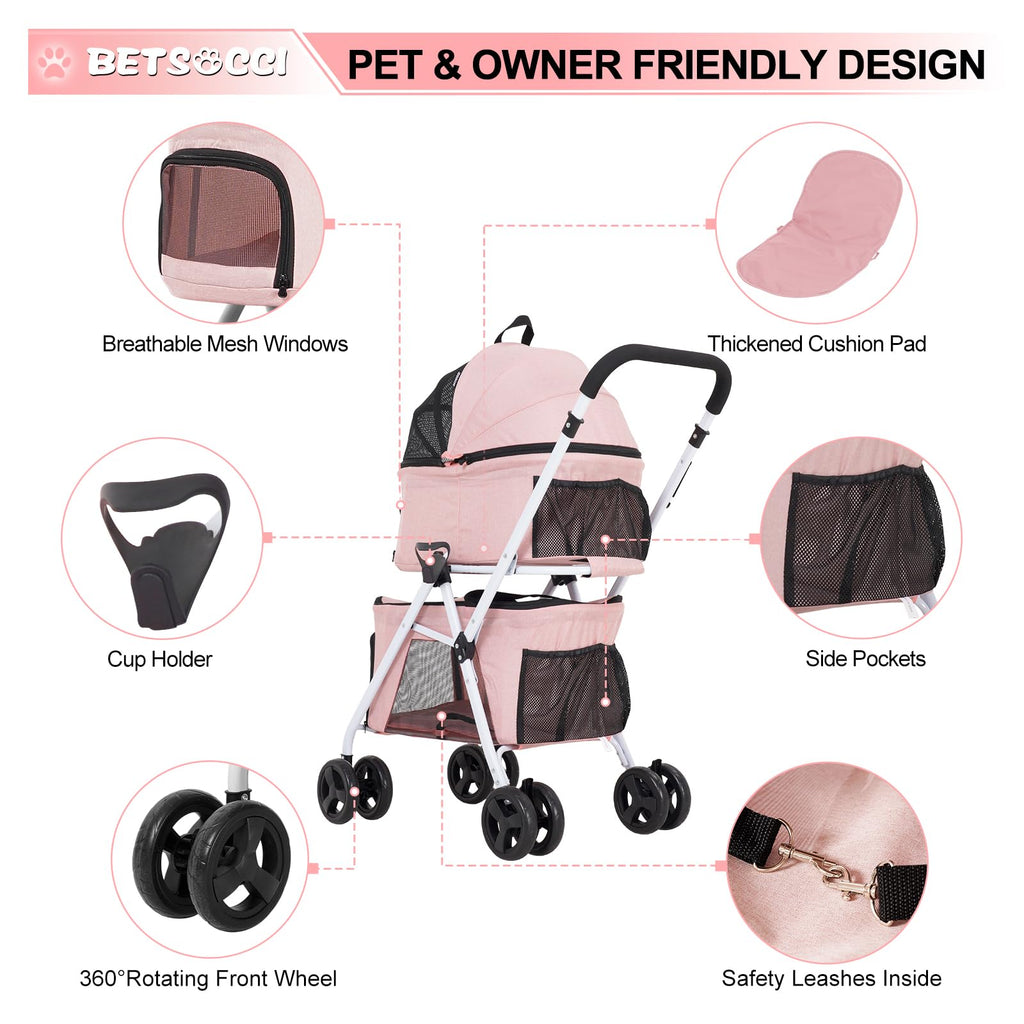 BETSOCCI Double Dog Stroller with 2 Detachable Carrier, Portable Pet Stroller for Small Dogs & Cats Folding Lightweight Puppy Travel Carriage, 4 Wheels, Pink
