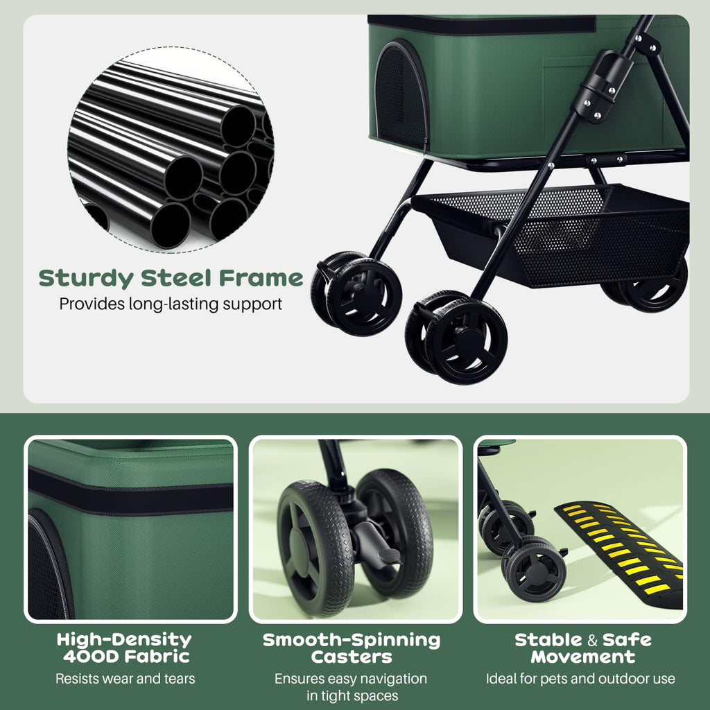 PUPIHOM Foldable pet Stroller for Cats with Detachable Weather Cover, 4 Wheels Pet Strolling Cart for Dogs and Cats with Storage Basket and Cup Holder（Green）