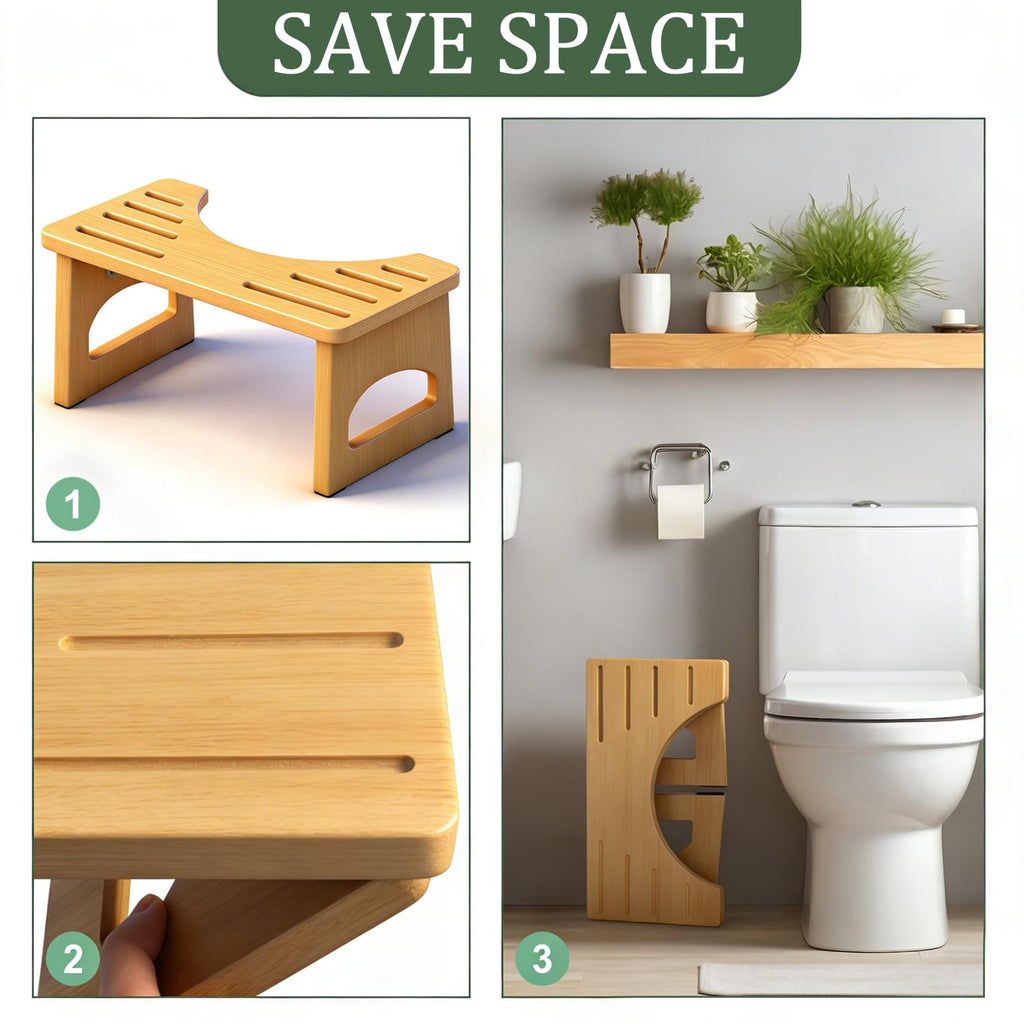 Foldable Toilet Stool, 7 Inch Poop Stool for Bathroom, Bamboo Toilet Stool Squat Adult, Collapsible Squatting Potty Stool with Non-Slip Strip - Improve Squatting Posture and Comfort, Wood