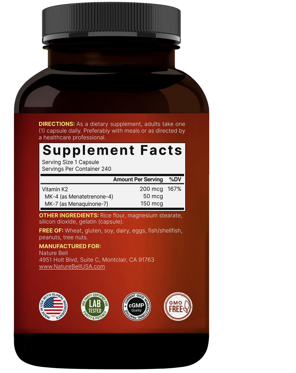 NatureBell Vitamin K2-240 Capsules - 200mcg Double Strength MK-7 & MK-4 Complex - Heart, Bone & Immune Health Support* - Complete K Vitamins Formula