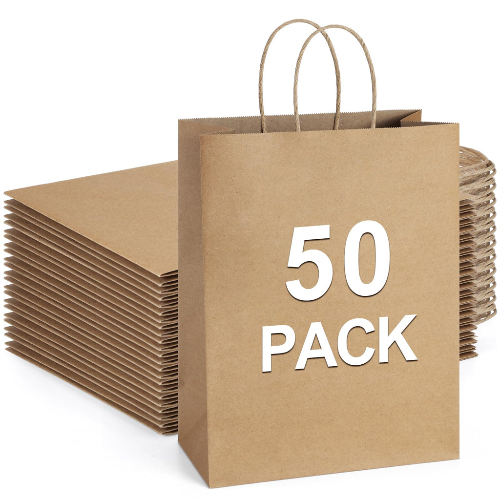 BagDream Kraft Paper Bags with Handles 10x5x13 Inch Brown 50 Pack Bulk