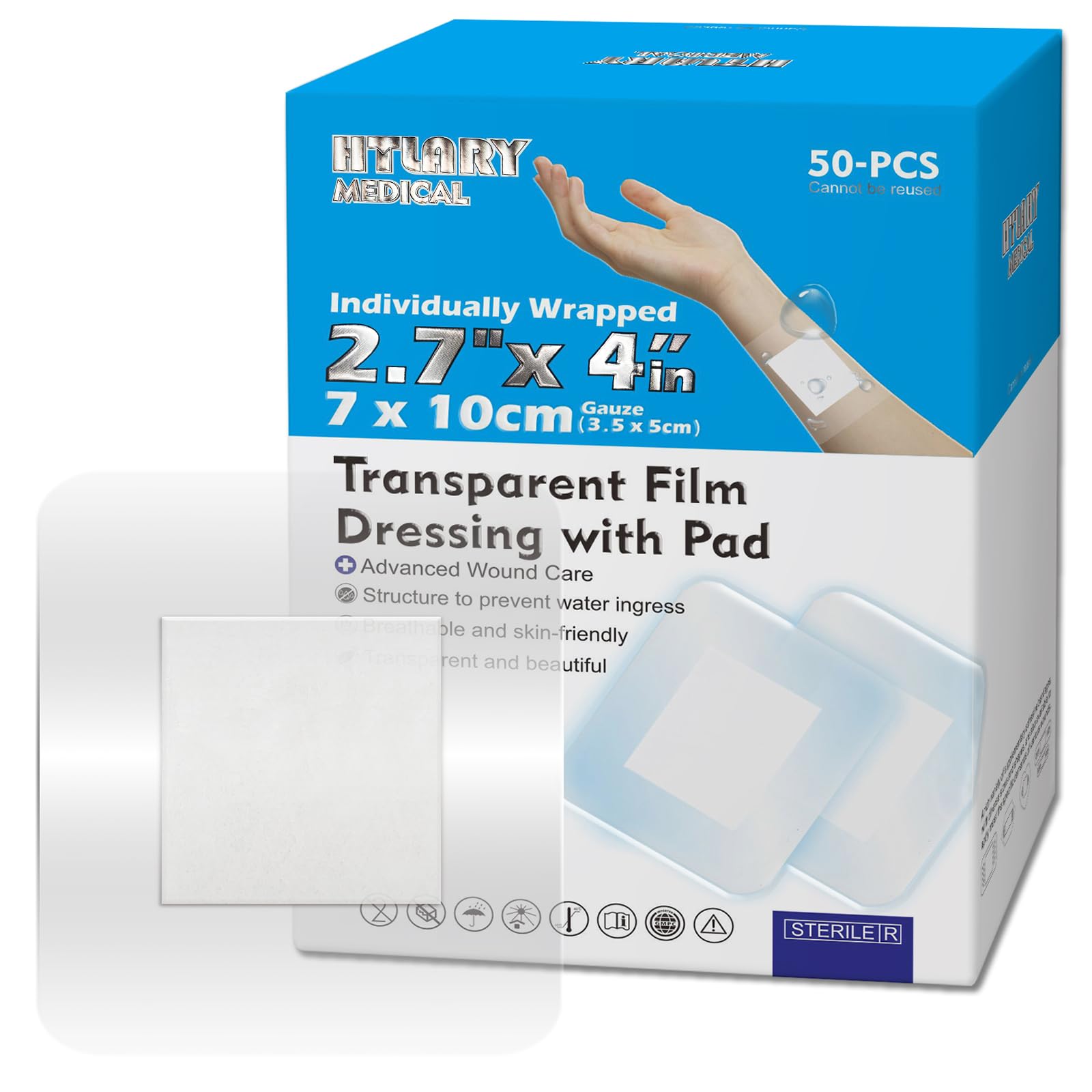 HTLARY Waterproof Transparent Film Dressing with Absorbent Pad 50-Pack Sterile Adhesive Bandages Post-Surgical Wound Cover, Protective Barrier for Sensitive Skin (2.7‘’x4‘’)