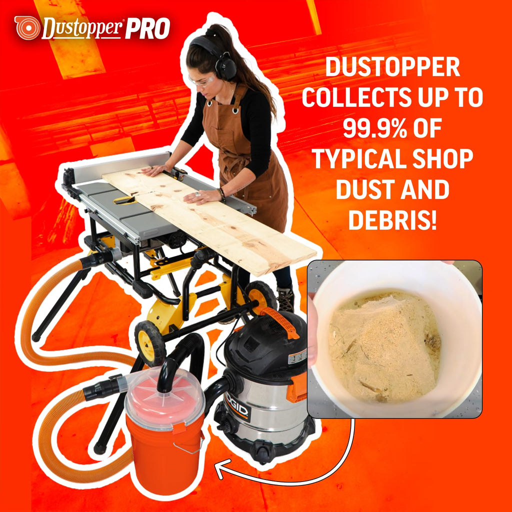 The Dustopper PRO, Low-Profile Dust Separator for Shop Wet/Dry Vacuums with at least 5HP. Includes High-Flow 90 Degree Sweep Elbows and Connection Hose. Fits Standard 5 Gallon Buckets, Made in USA