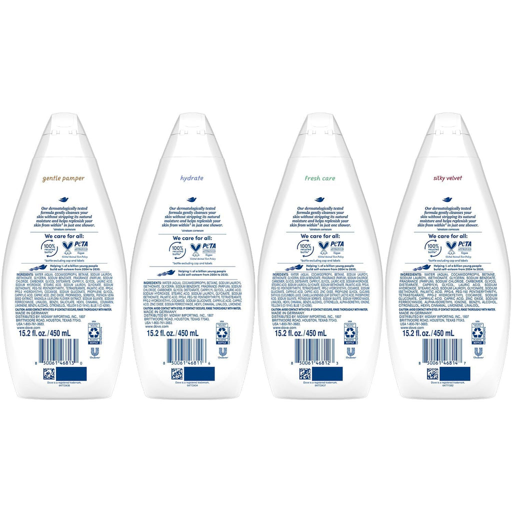 Dove Body Wash Variety 6-Pack – Hydrate, Gentle Pamper, Fresh Care, and Silky Velvet, 15.2 Oz Ea
