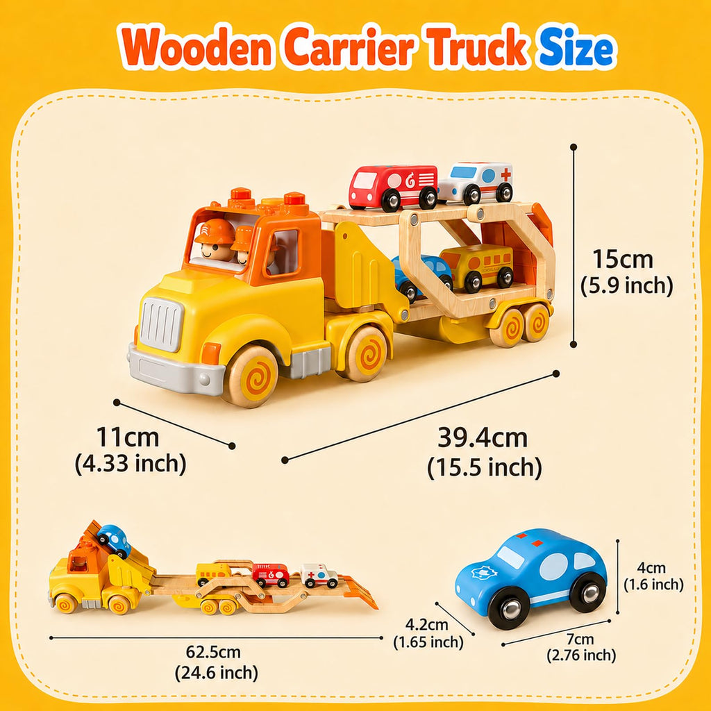 Toddler Car Toys for 2 3 4 5 Years Old Kids, Transport Carrier Truck Toy with 4 Wooden Vehicle, 24IN Foldable Track Trailer with Light & Sound Effects, Best Gift Choice for Christmas, Birthday