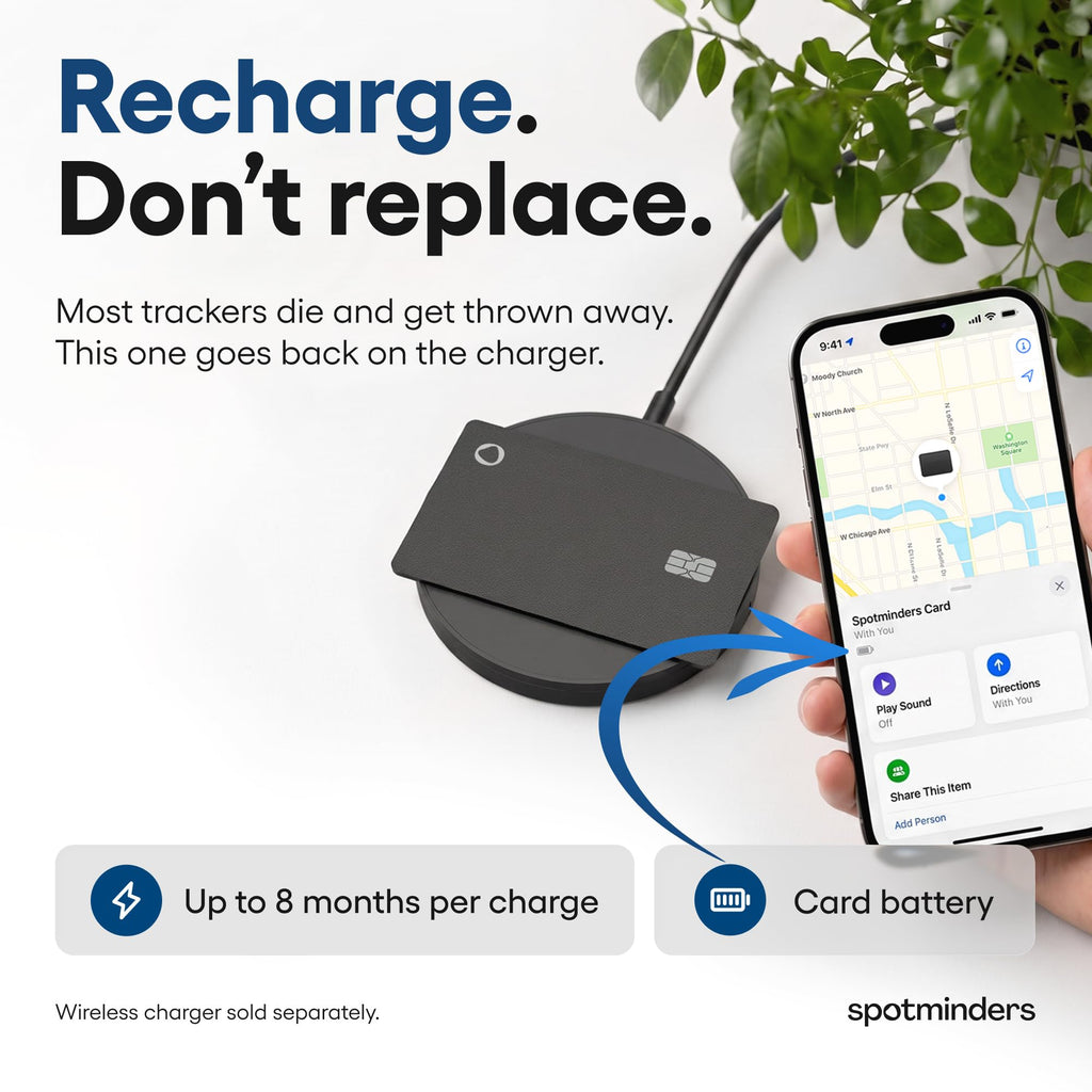 SPOTMINDERS Apple MFi Certified Wallet Tracker PRO Works with Apple Find My IP68 Rechargeable Tracking Card for Wallet Luggage Passport 0.07in Slim Credit Card Design Item Finder
