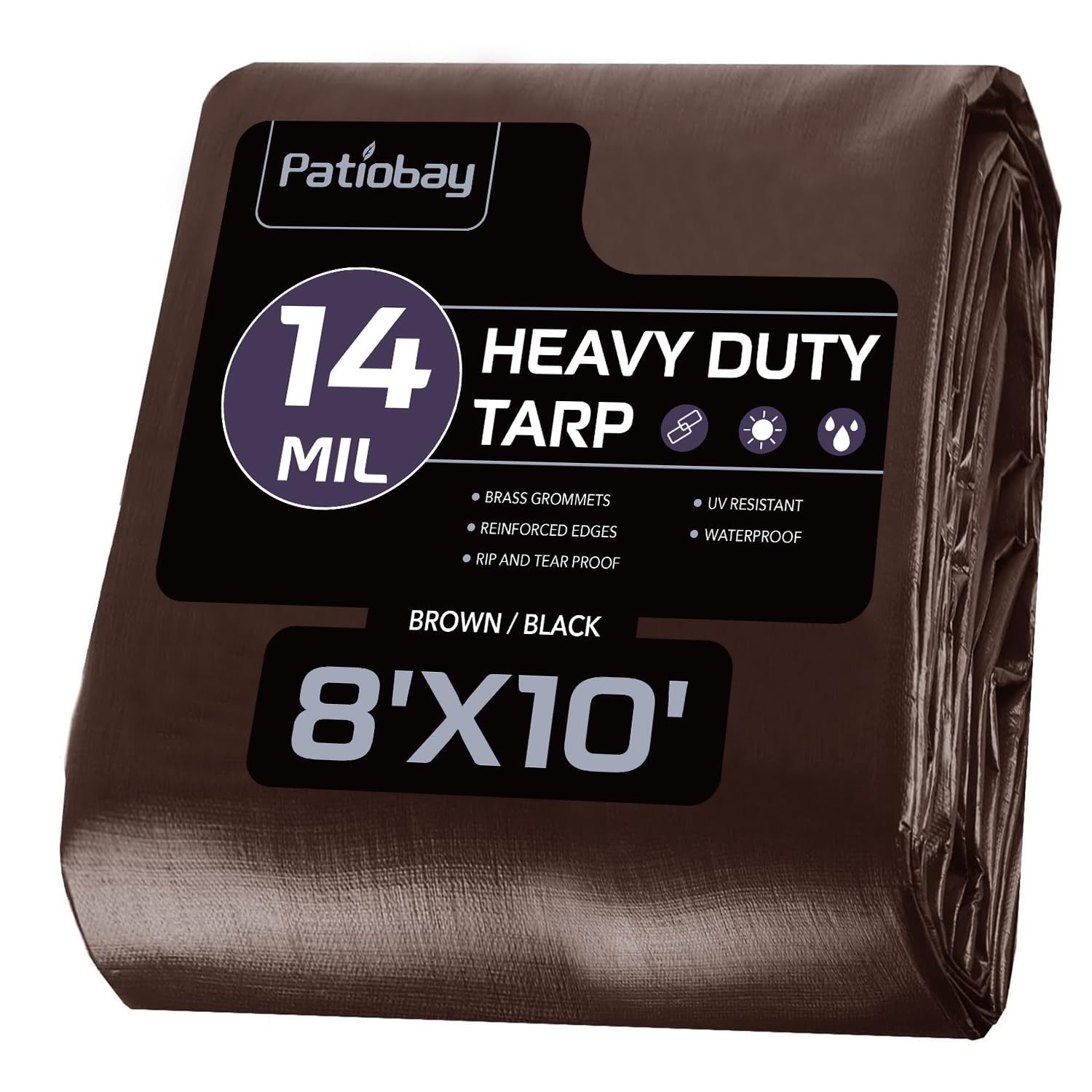 Patiobay Tarp 8x10FT, 14 Mil Large Tarps Heavy Duty Waterproof with Grommets Every 23.6", 420D Thick Plastic Tarp, UV Resistant Tear&Fade Resistant, Reinforced Edges for Outdoor Pool Camp Tent