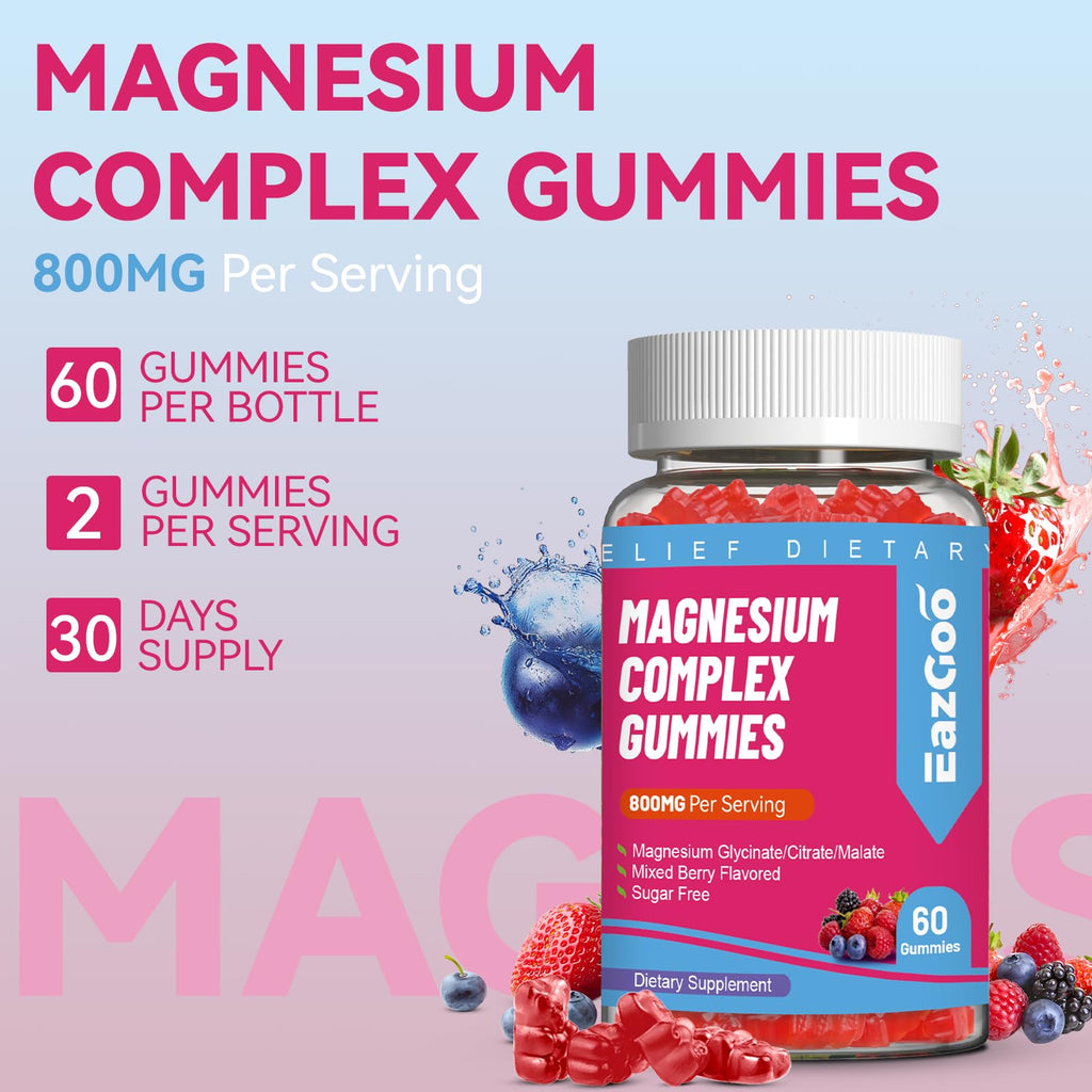 EAZGOO Magnesium Gummies 800mg - Vitamin D3, C, B6, B12 & Zinc Complex with Magnesium Glycinate, Citrate & Malate, Magnesium Complex Gummies for Muscle, Mood & Energy, Vegan 120 Counts
