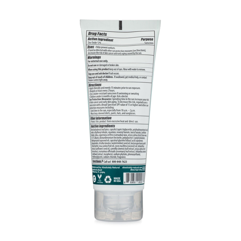 Absolutely Natural - SPF 15 Mineral Sunscreen - Broad Spectrum Water Resistant Moisturizer Lotion For Body & Face - With Non-Nano Zinc Oxide, Vitamin E, & Antioxidants - Made in USA, 3 Oz