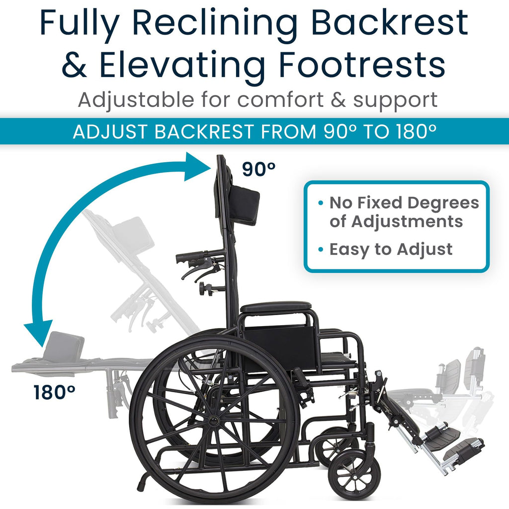 Vive Mobility Reclining Wheelchair with Elevating Leg Rests - Heavy Duty Recliner Wheel Chair for Seniors & Adults -Wide 18" Seat, up to 300lbs -High Back, w/Leg & Head Support -Comfortable Headrest