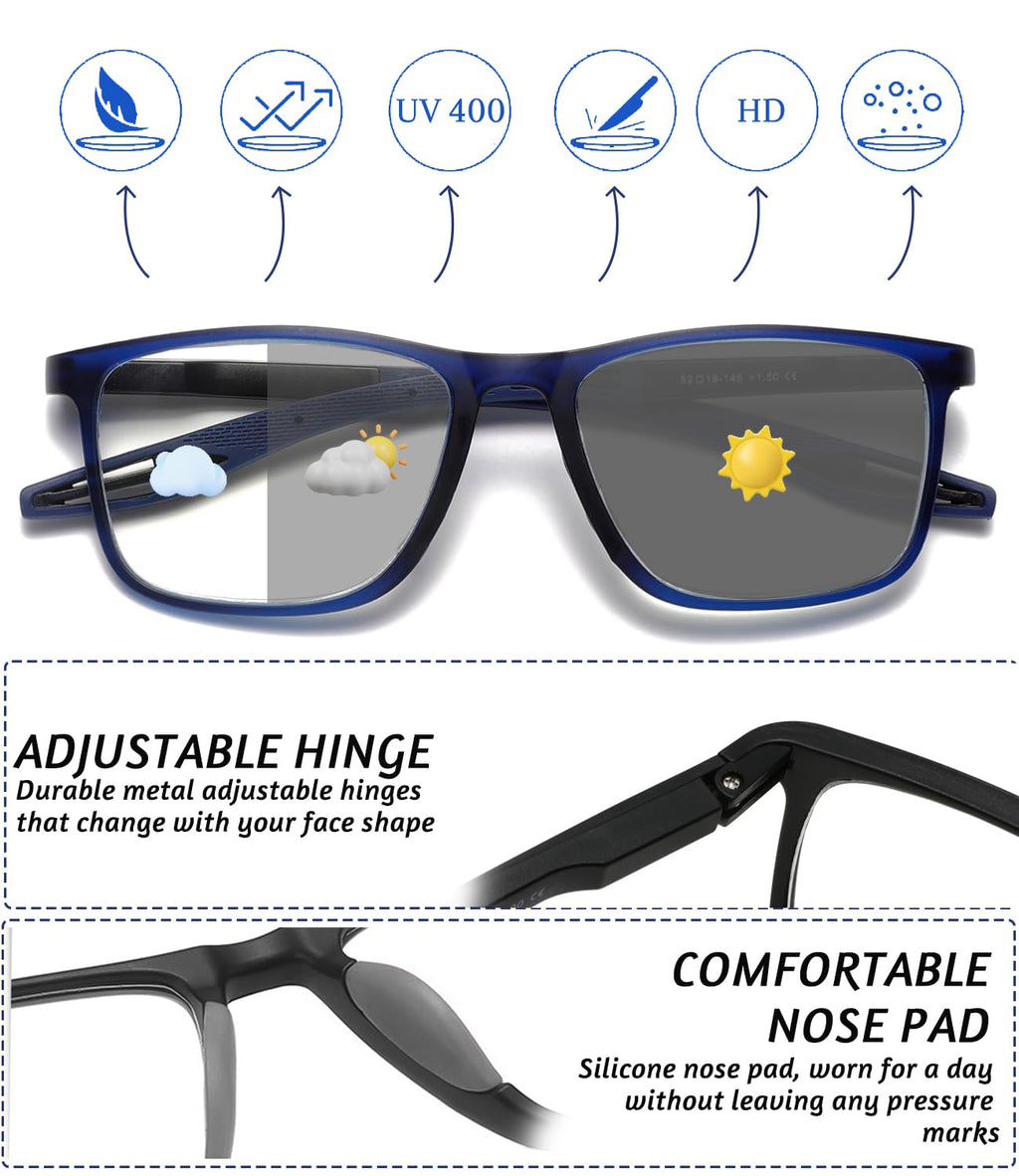 Hubeye Photochromic Reading Glasses for Men and Women TR90 Sport Reader Anti Glare UV Ray Filter （Matte black+Matte blue+Transparent，+2.5