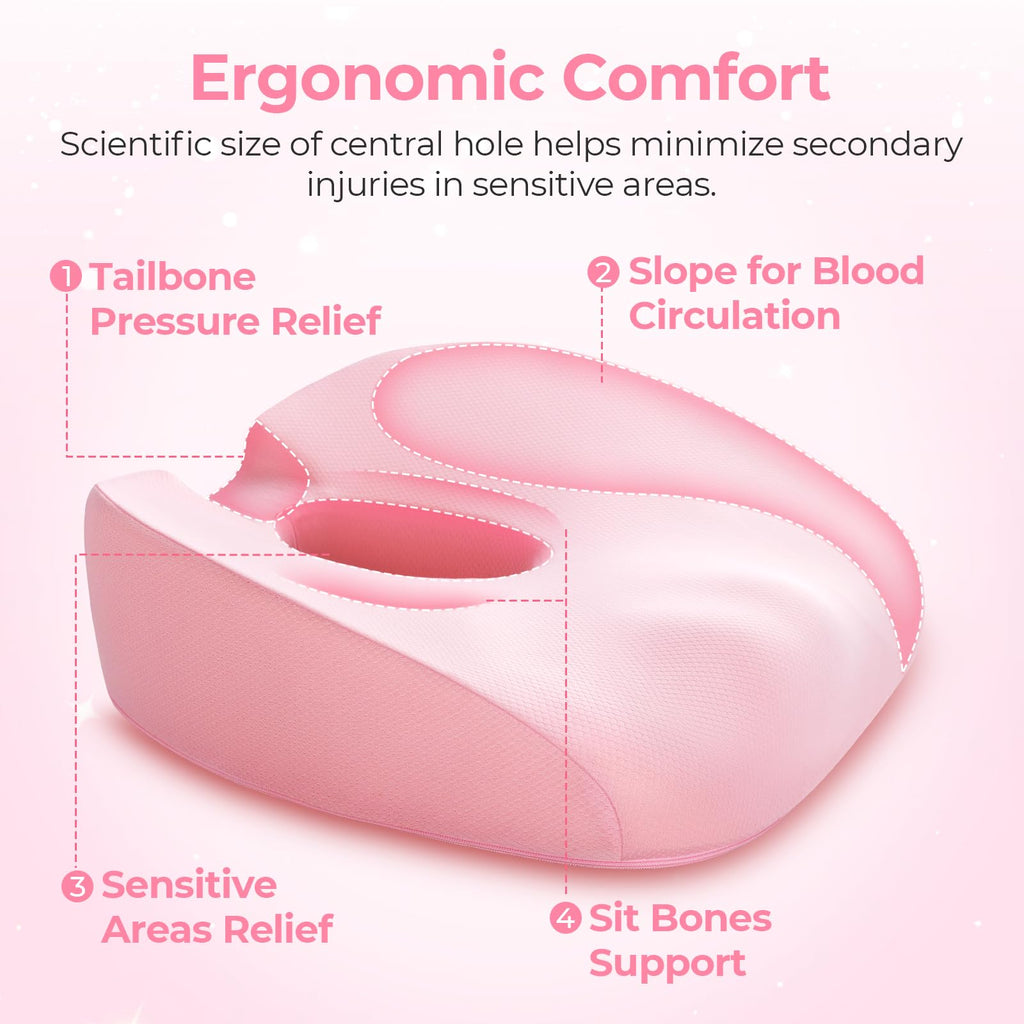 AUVON Innovative Donut Pillow Hemorrhoids Scientific Center Hole and Tailbone Cutout, Orthopedic Pain Relief Donut Seat Cushion for Coccyx, Sciatica, After Surgery Sitting Relief