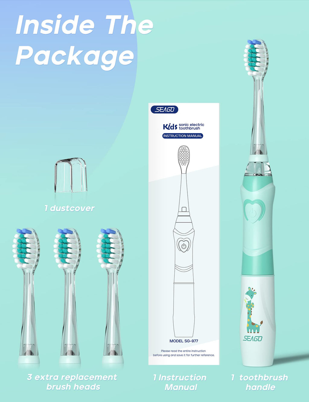 SEAGO Kids Electric Toothbrush with 2 Mins Brushing Timer and 4 Replacement Brush Heads, Rainbow LED Light Makes Brushing Fun, Boys Battery Powered Toothbrush for 4-12 Years Old，SG-977(Green)