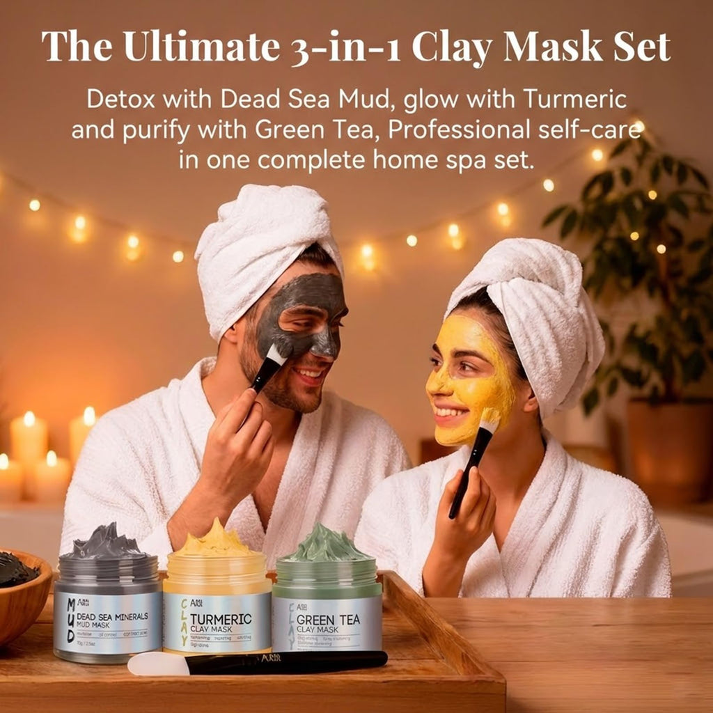 ANAI RUI 3 Pcs Face Mask Set - Turmeric Clay Mask - Green Tea Face Mask - Dead Sea Mud Mask for Oily Skin, Blackheads & Pores -Spa Gift Set Self Care for Women Teens(2.5 oz Each