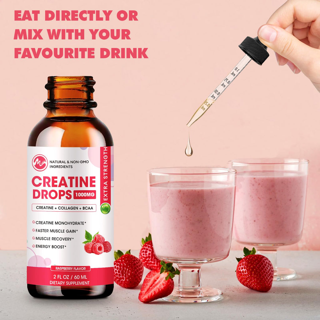Liquid Creatine Drops - Sugar Free Creatine Monohydrate Supplements for Women & Men, Creatine Drops Gains for Building Muscle, Energy, Pre Workout, Raspberry Flavored
